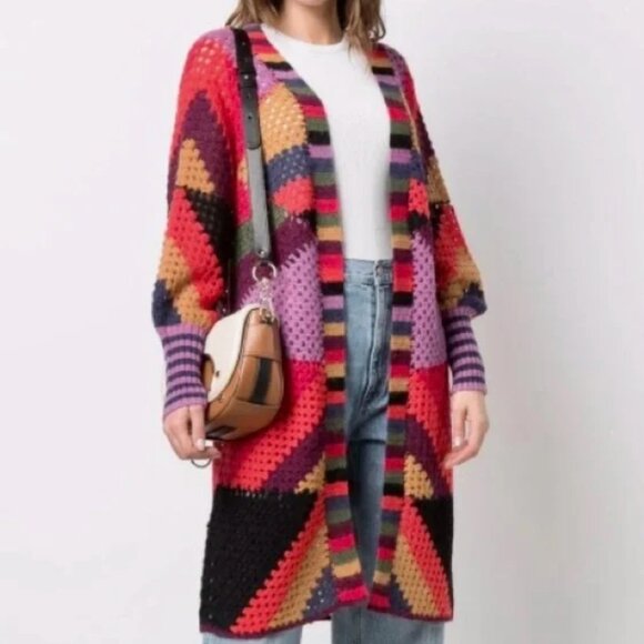 FARM Rio Sweaters - Farm Rio Juliana Stripes Cardigan Sweater Open Crochet  $295 NWT